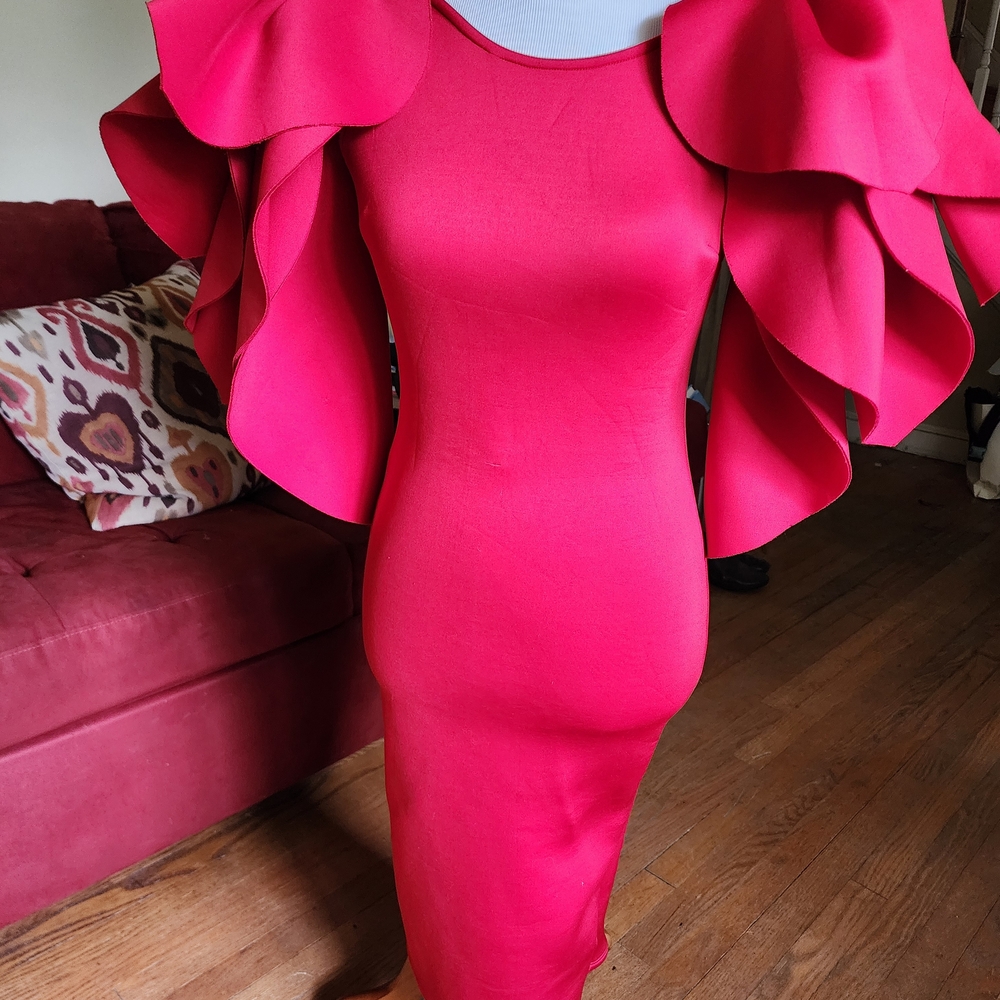 Red Ruffled Skeeve Bodycon Cocktail Dress